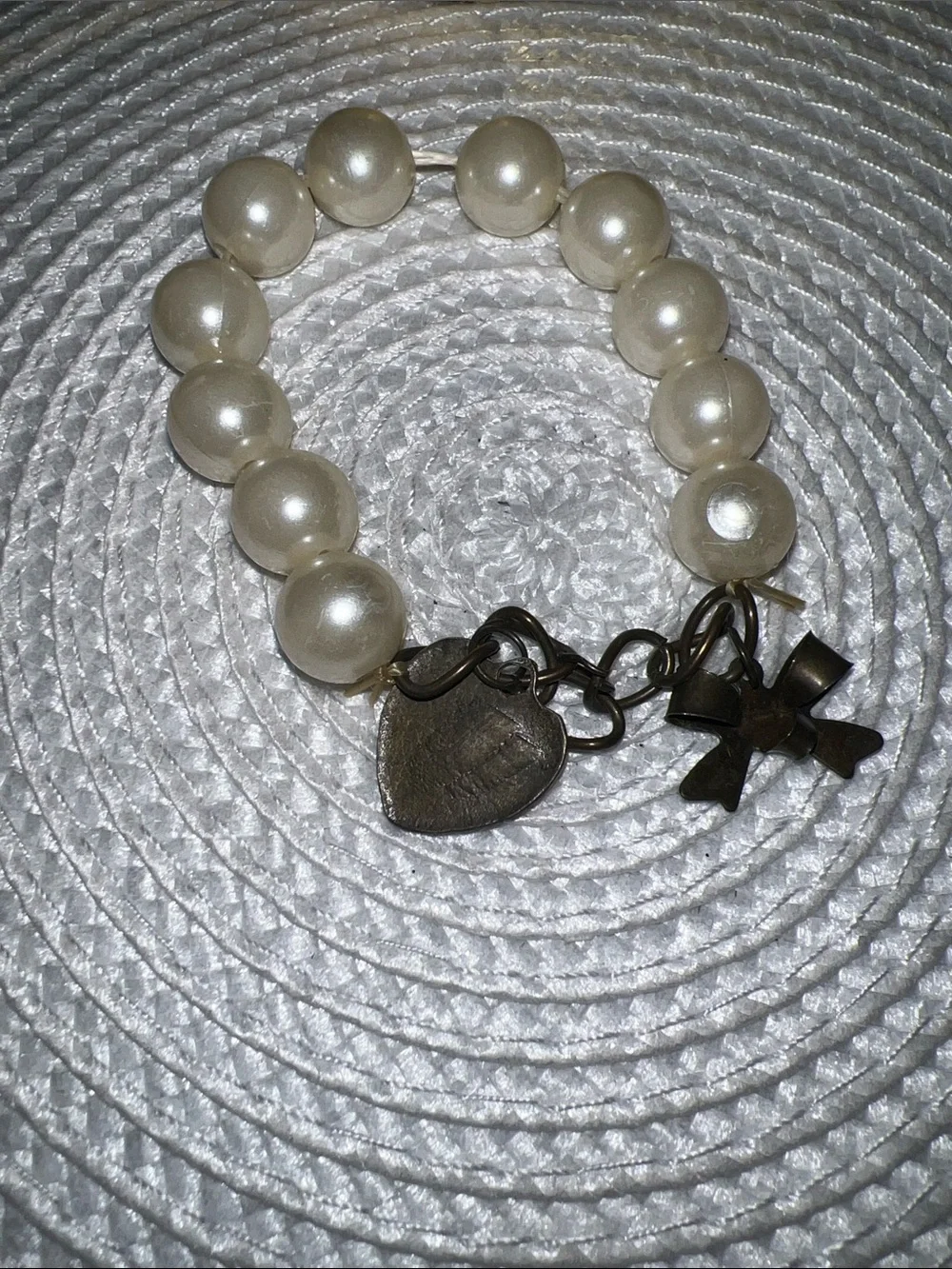 Pearl Bead Charm Bracelet with Heart & Cross Charms - Cream